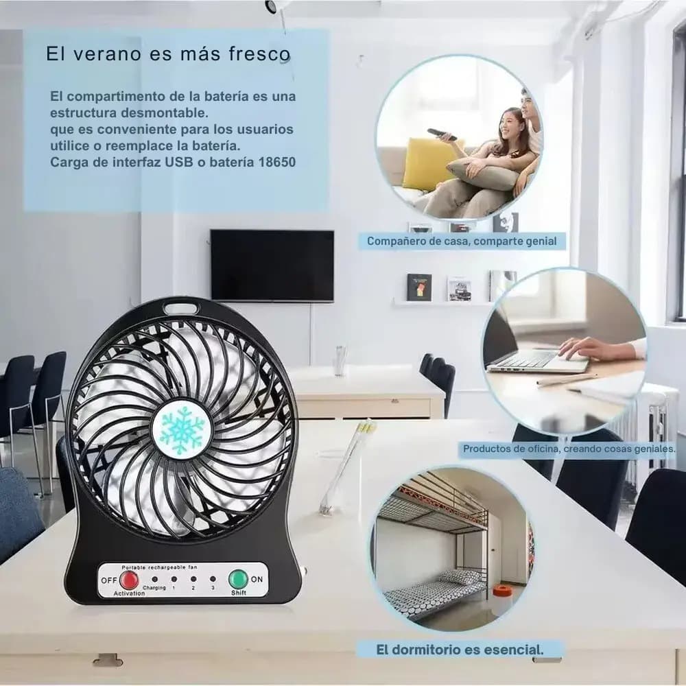 Ventilador Portatil Recargable Usb Con Luz Led 3 Velocidades