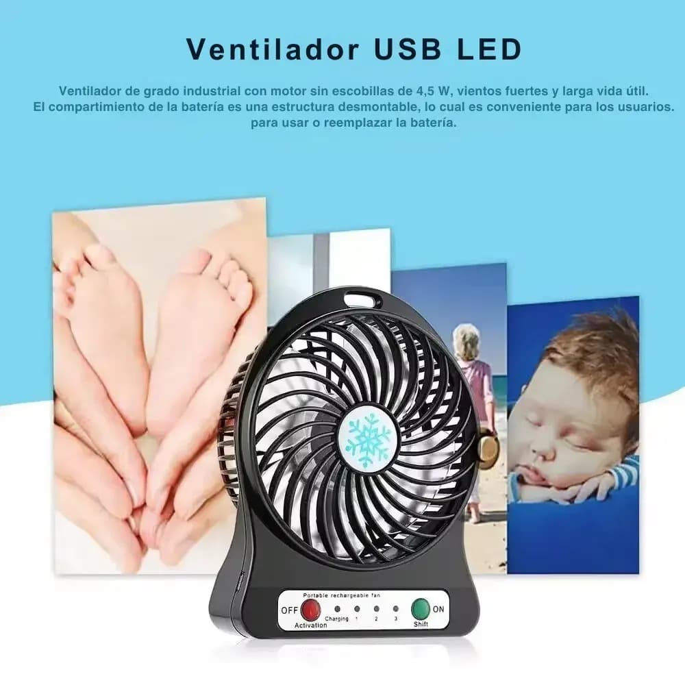 Ventilador Portatil Recargable Usb Con Luz Led 3 Velocidades