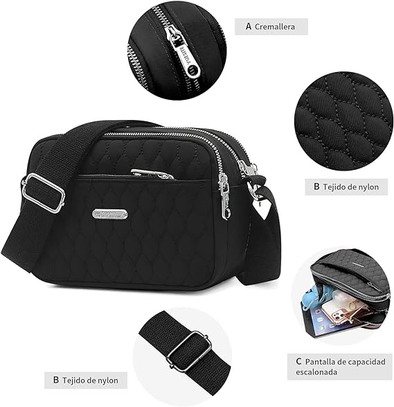 A Bolsa Crossbody Mujer, HONGHCL Nylon Bandolera Mujer, Crossbody Mujer con Correa Ajustable para Hombro, Alta Capacidad Bolsa Bandolera para Mujer.