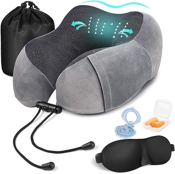 A TYC Almohada de Viaje, Almohada de Cuello Viscoelástica de Espuma de Memoria con Máscara de Ojos, Tapones para los oídos y Nariz, y Bolsa con Cordón, Soporte de Cuello para Avión, Oficina y el Hogar.