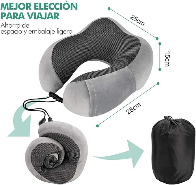 A TYC Almohada de Viaje, Almohada de Cuello Viscoelástica de Espuma de Memoria con Máscara de Ojos, Tapones para los oídos y Nariz, y Bolsa con Cordón, Soporte de Cuello para Avión, Oficina y el Hogar.