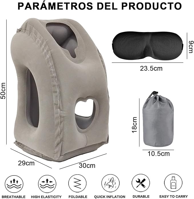 A Almohada de Viaje Inflable, Almohada para Avion, Cómodo Apoyo para La Cabeza y La Barbilla. Almohada de Viaje, Para Siestas en Avión, Tren y Oficina. Con Máscara Ocular y Bolsa de Transporte (Gris).