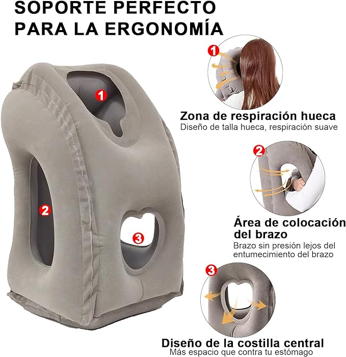 A Almohada de Viaje Inflable, Almohada para Avion, Cómodo Apoyo para La Cabeza y La Barbilla. Almohada de Viaje, Para Siestas en Avión, Tren y Oficina. Con Máscara Ocular y Bolsa de Transporte (Gris).