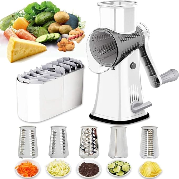 A Rallador de Verduras, 5 en 1 Rallador Rotativo de Queso y Verduras, Picadora de Verduras, Cortador y Rebanador de Acero Inoxidable con Tambor Giratorio para Cocina, Ideal para Frutas, Nueces, y Más.