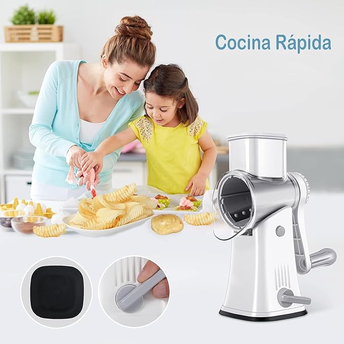 A Rallador de Verduras, 5 en 1 Rallador Rotativo de Queso y Verduras, Picadora de Verduras, Cortador y Rebanador de Acero Inoxidable con Tambor Giratorio para Cocina, Ideal para Frutas, Nueces, y Más.