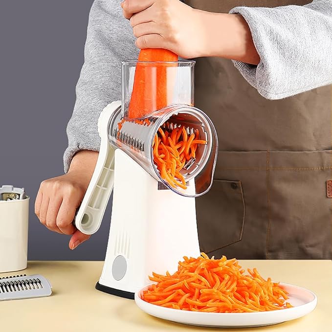 A Rallador de Verduras, 5 en 1 Rallador Rotativo de Queso y Verduras, Picadora de Verduras, Cortador y Rebanador de Acero Inoxidable con Tambor Giratorio para Cocina, Ideal para Frutas, Nueces, y Más.