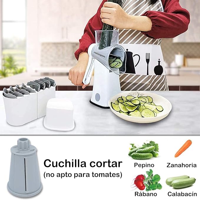A Rallador de Verduras, 5 en 1 Rallador Rotativo de Queso y Verduras, Picadora de Verduras, Cortador y Rebanador de Acero Inoxidable con Tambor Giratorio para Cocina, Ideal para Frutas, Nueces, y Más.