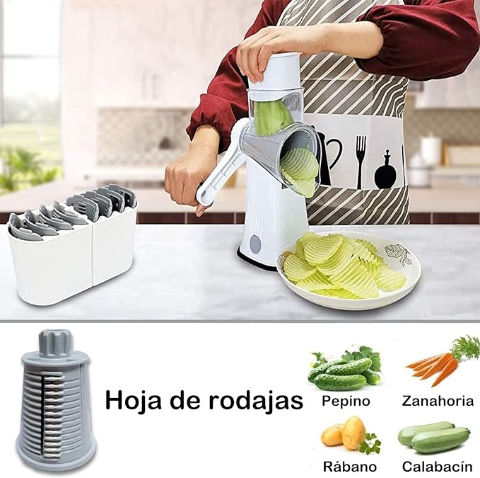 A Rallador de Verduras, 5 en 1 Rallador Rotativo de Queso y Verduras, Picadora de Verduras, Cortador y Rebanador de Acero Inoxidable con Tambor Giratorio para Cocina, Ideal para Frutas, Nueces, y Más.