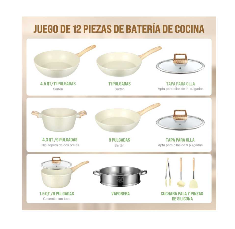 Bateria De Cocina Juego De Ollas Y Sarten 12 Piezas.