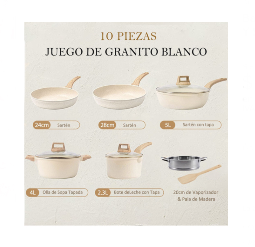 Bateria De Cocina, Juego De Ollas Y Sarten 10 Piezas Blanco.