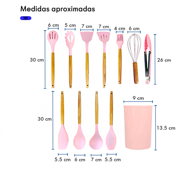 Kit 12 Utensilios Cocina Reposteria Durables Uso Profesional Color Rosa.