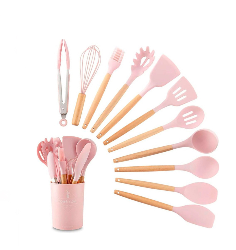 Kit 12 Utensilios Cocina Reposteria Durables Uso Profesional Color Rosa.