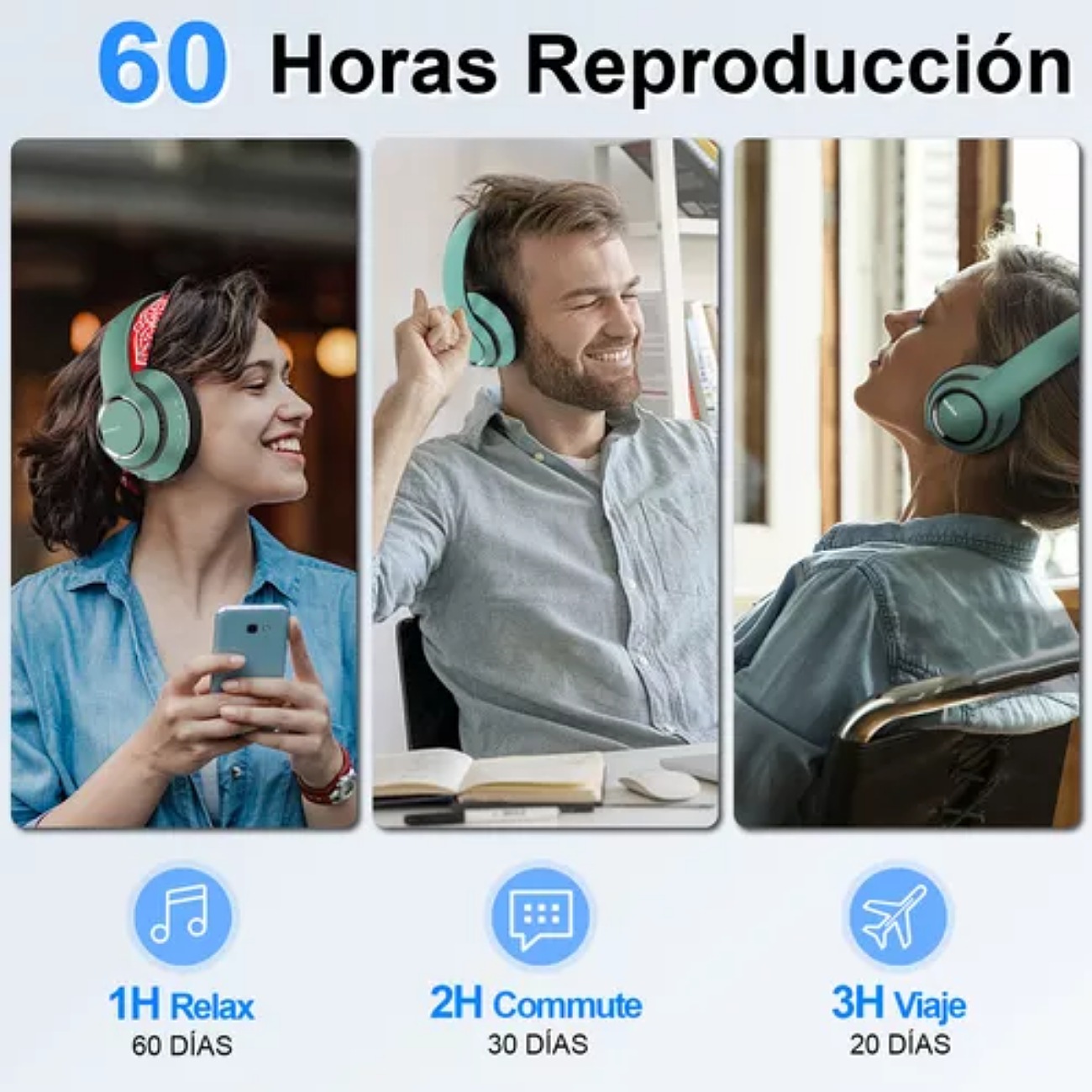 Audífonos Inalámbricos Diadema Bluetooth Plegables con Modos Transparentes FocoMyLord L500B,Auriculares 40H Playtime con Micrófono, Graves Profundos,Cable 3.5MM,Almohadillas Blandas,Verde