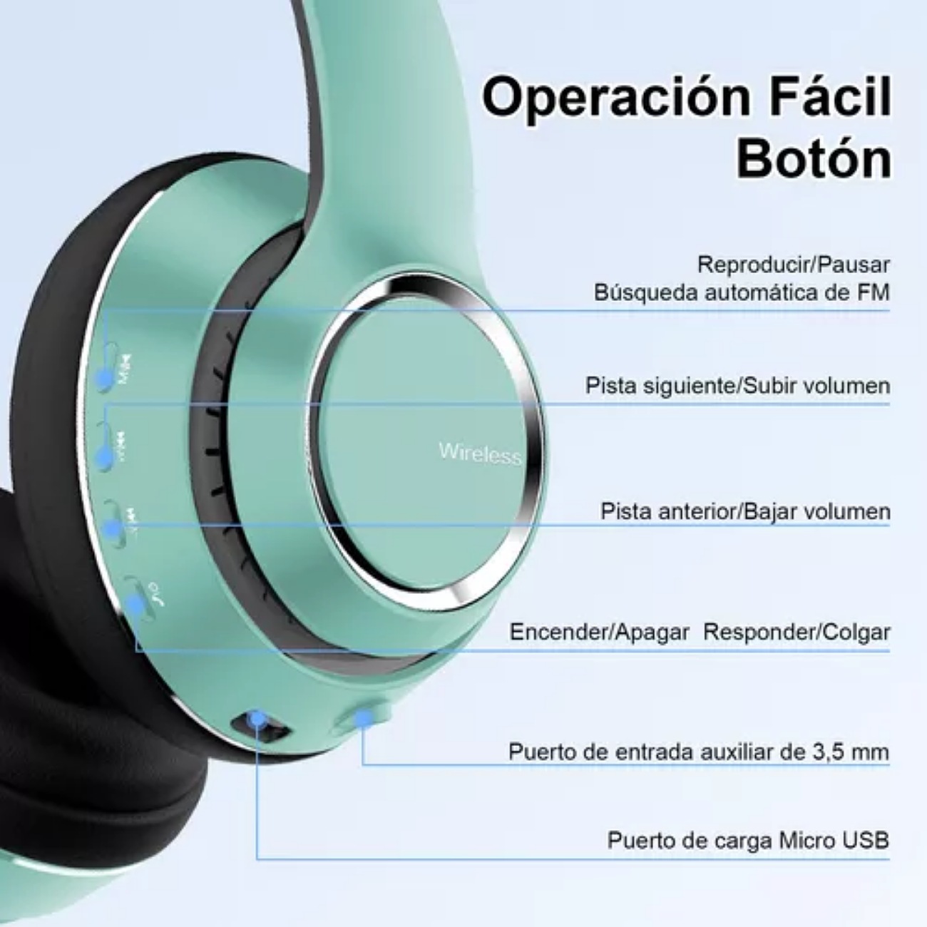 Audífonos Inalámbricos Diadema Bluetooth Plegables con Modos Transparentes FocoMyLord L500B,Auriculares 40H Playtime con Micrófono, Graves Profundos,Cable 3.5MM,Almohadillas Blandas,Verde