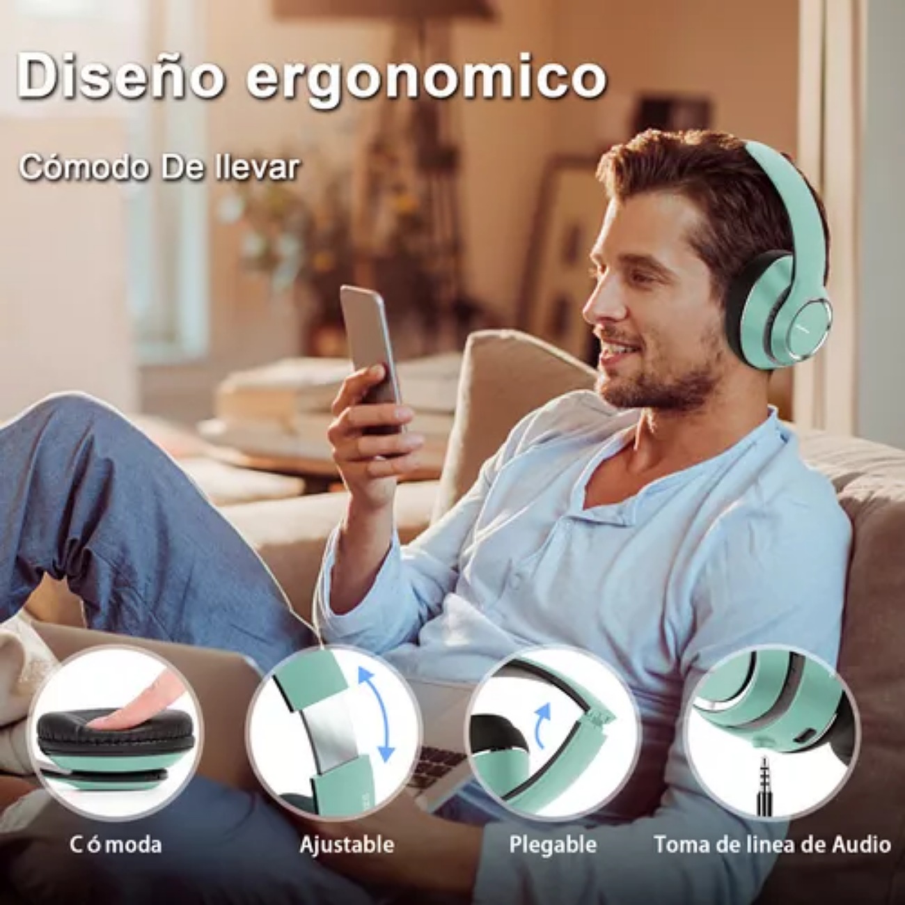 Audífonos Inalámbricos Diadema Bluetooth Plegables con Modos Transparentes FocoMyLord L500B,Auriculares 40H Playtime con Micrófono, Graves Profundos,Cable 3.5MM,Almohadillas Blandas,Verde