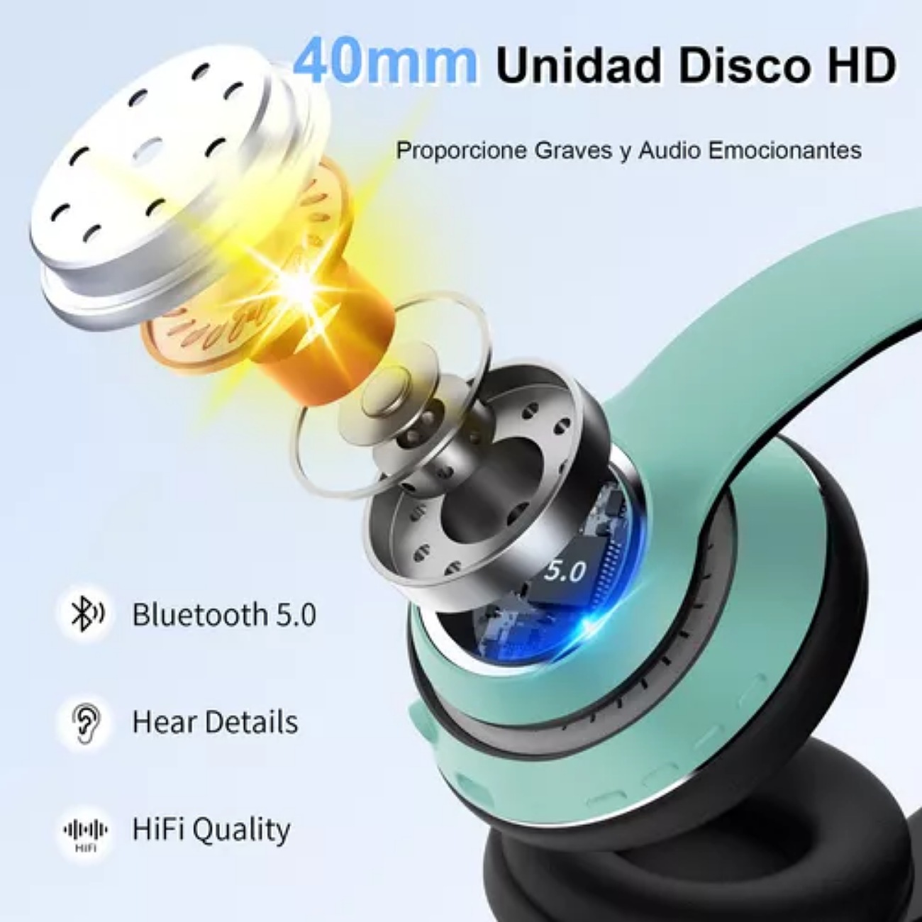 Audífonos Inalámbricos Diadema Bluetooth Plegables con Modos Transparentes FocoMyLord L500B,Auriculares 40H Playtime con Micrófono, Graves Profundos,Cable 3.5MM,Almohadillas Blandas,Verde