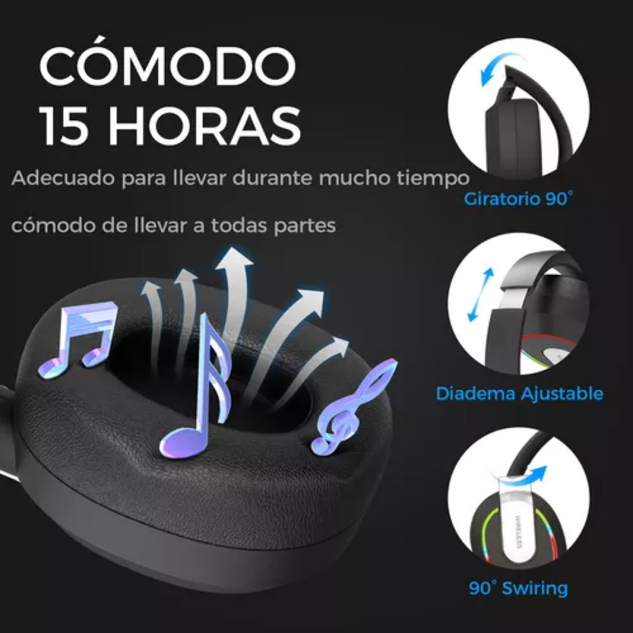 Auriculares gamer inalámbricos Foco My Lord L850B Negro con luz rgb LED con bluetooth diadema plegables