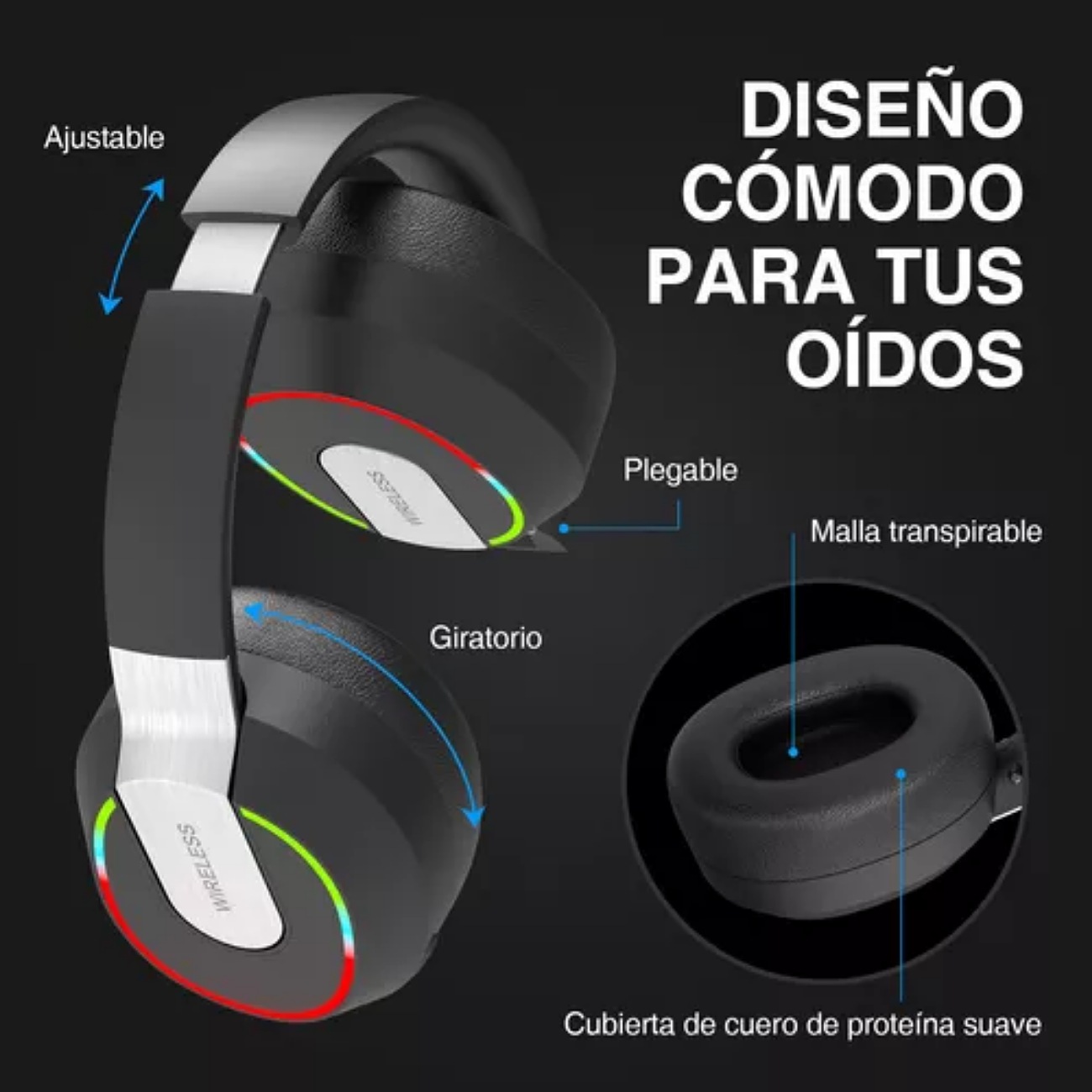 Auriculares gamer inalámbricos Foco My Lord L850B Negro con luz rgb LED con bluetooth diadema plegables