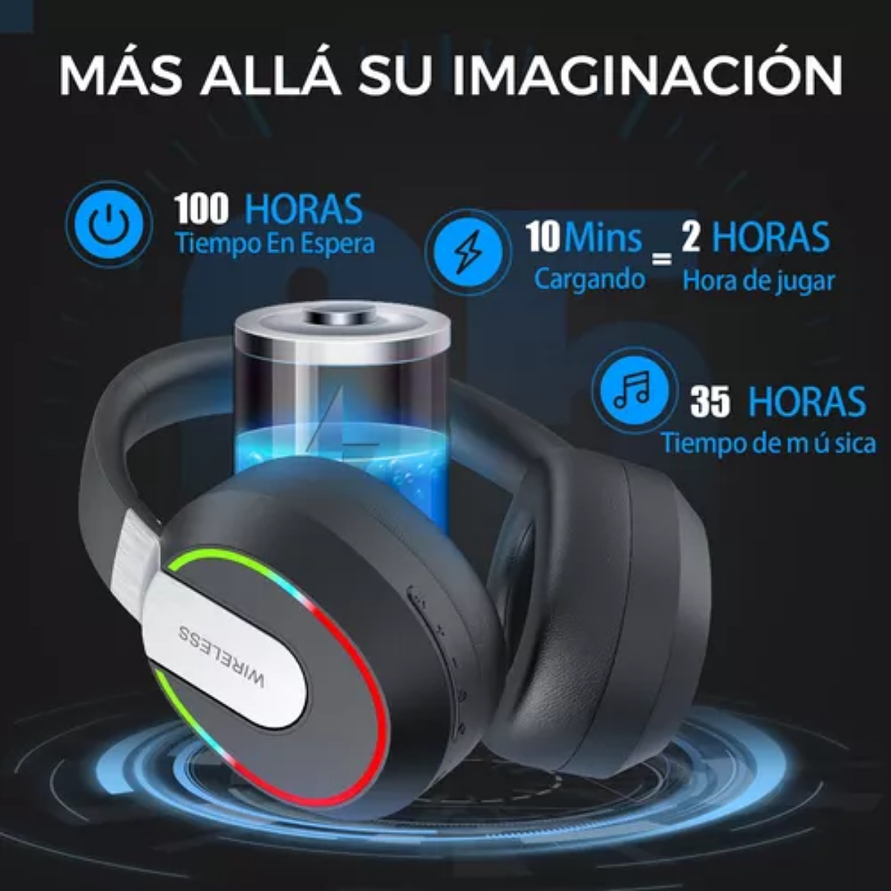 Auriculares gamer inalámbricos Foco My Lord L850B Negro con luz rgb LED con bluetooth diadema plegables
