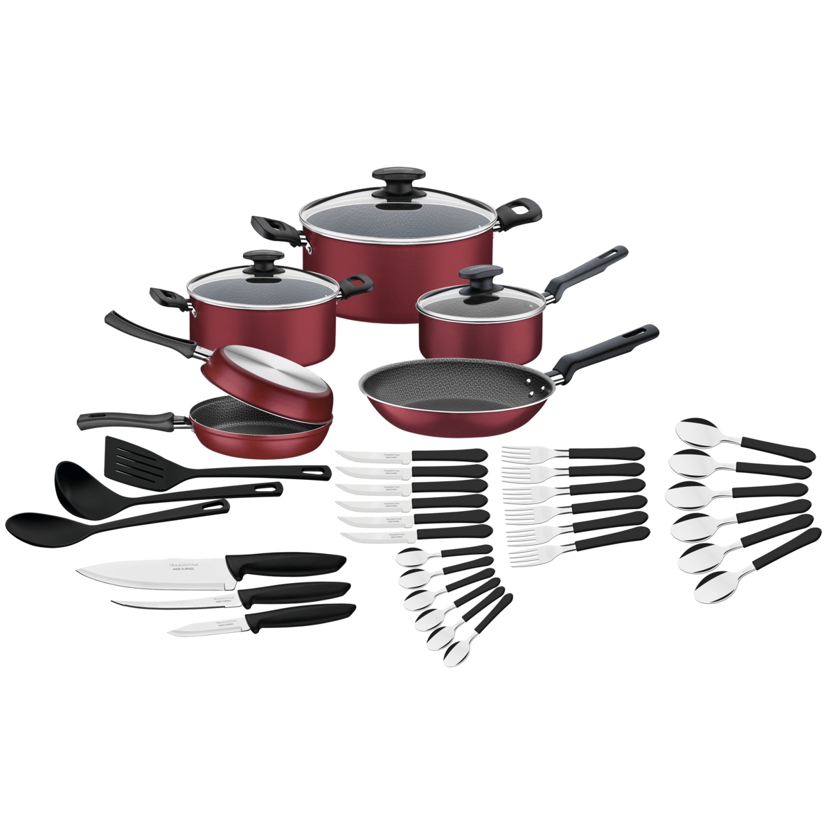 Batería de Cocina Tramontina 20399/779 + Cuchillos + Ollas de Chef 38 Pzas Roja ENDY4.