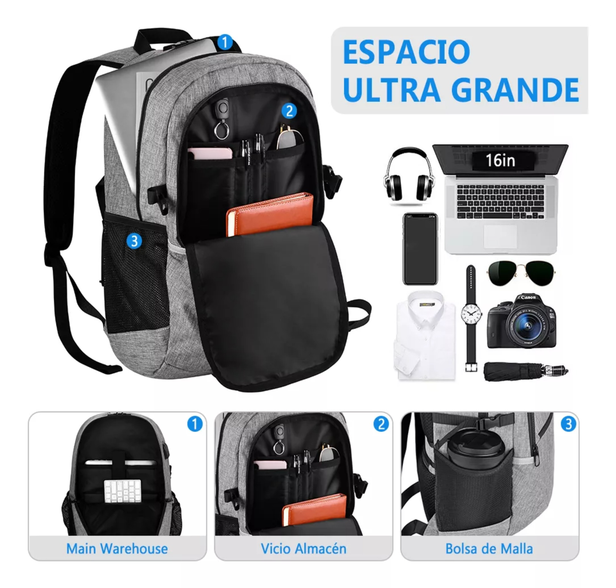 Mochila urbana 8848 BCS-10012 color GRIS CLARO diseño liso 35L.