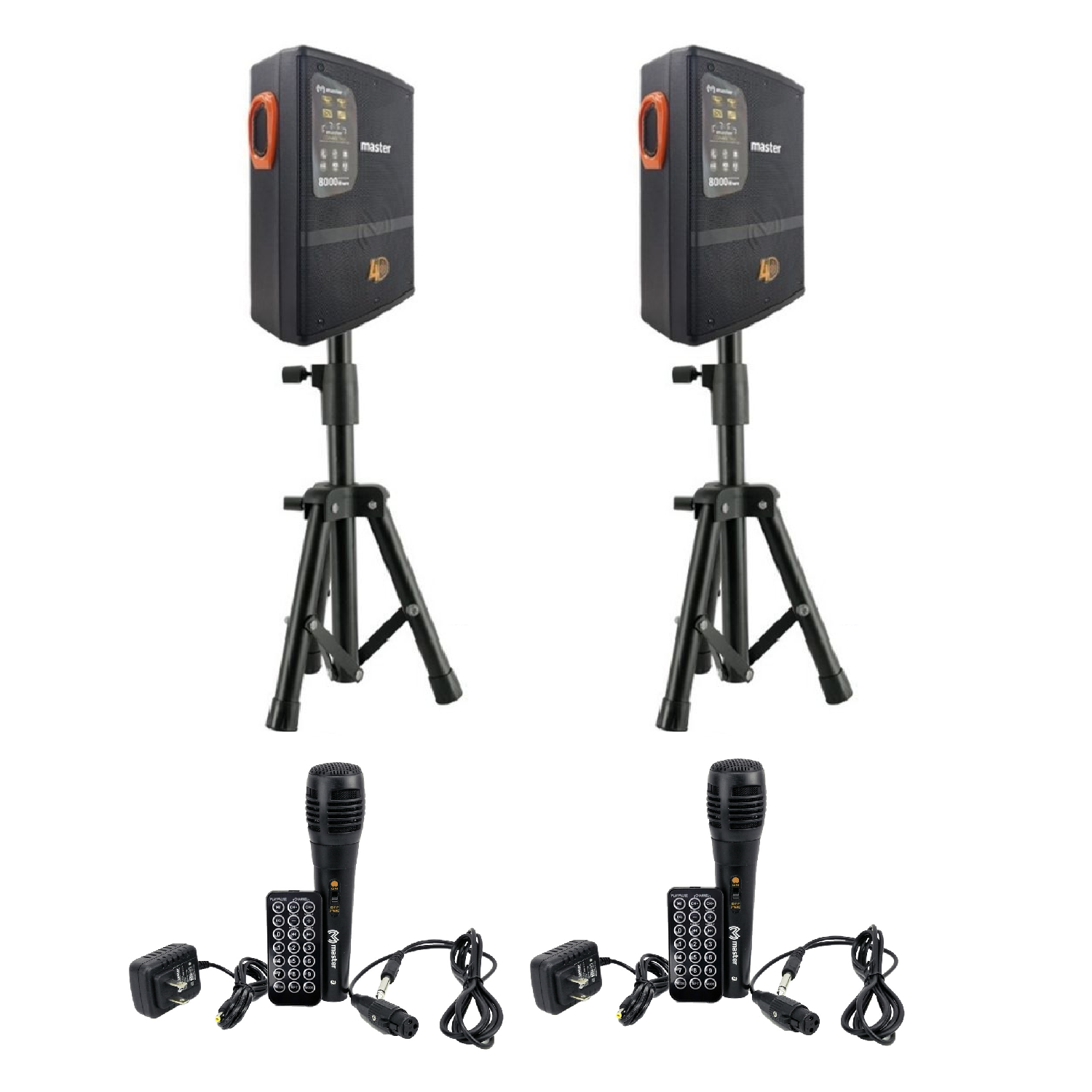 Master Equipo de Audio Vertical Duo con 16000 Watts de Potencia Musical Sonido Envolvente Bluetooth y Enlace TWS Incluye Bocinas Tripies Microfonos Controles y Cargadores KIT2-SYS-VER.
