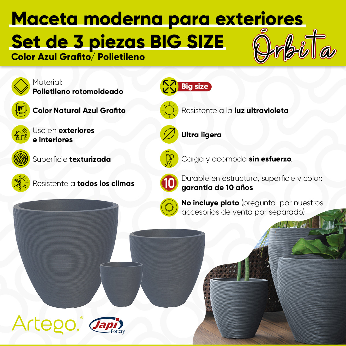 Macetas modernas set de 3 piezas BIG SIZE para exteriores grande ORBITA de Polietileno ultra ligera Artego Japi.