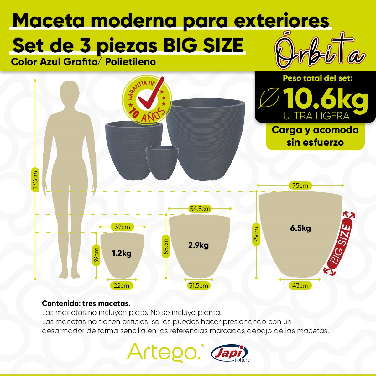 Macetas modernas set de 3 piezas BIG SIZE para exteriores grande ORBITA de Polietileno ultra ligera Artego Japi.