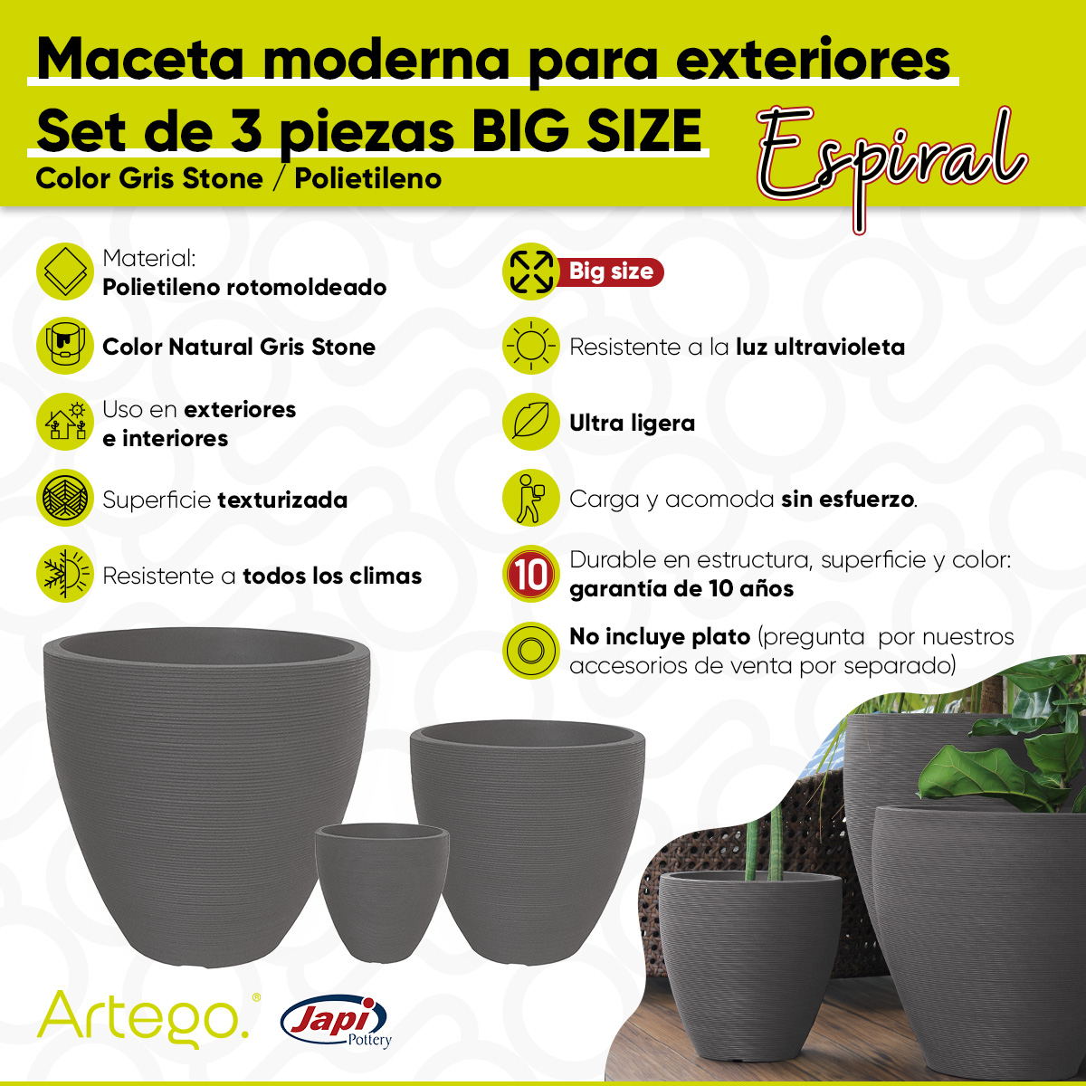 Macetas modernas set de 3 piezas BIG SIZE para exteriores grande ESPIRAL de Polietileno ultra ligera Artego Japi.
