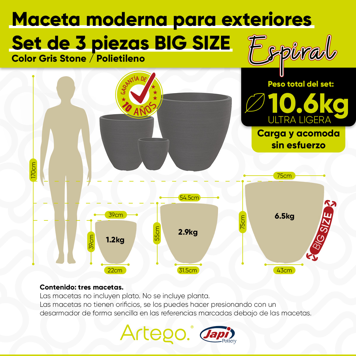 Macetas modernas set de 3 piezas BIG SIZE para exteriores grande ESPIRAL de Polietileno ultra ligera Artego Japi.