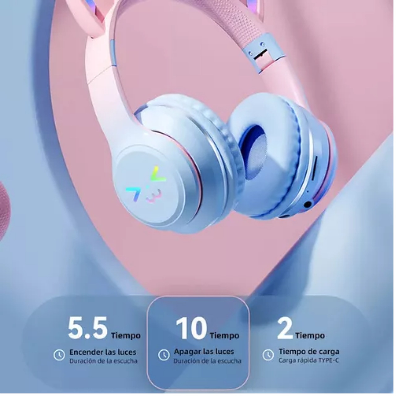 Audífonos Orejas De Gato Bt612 Bluetooth Led Diadema Ninos Color Azul