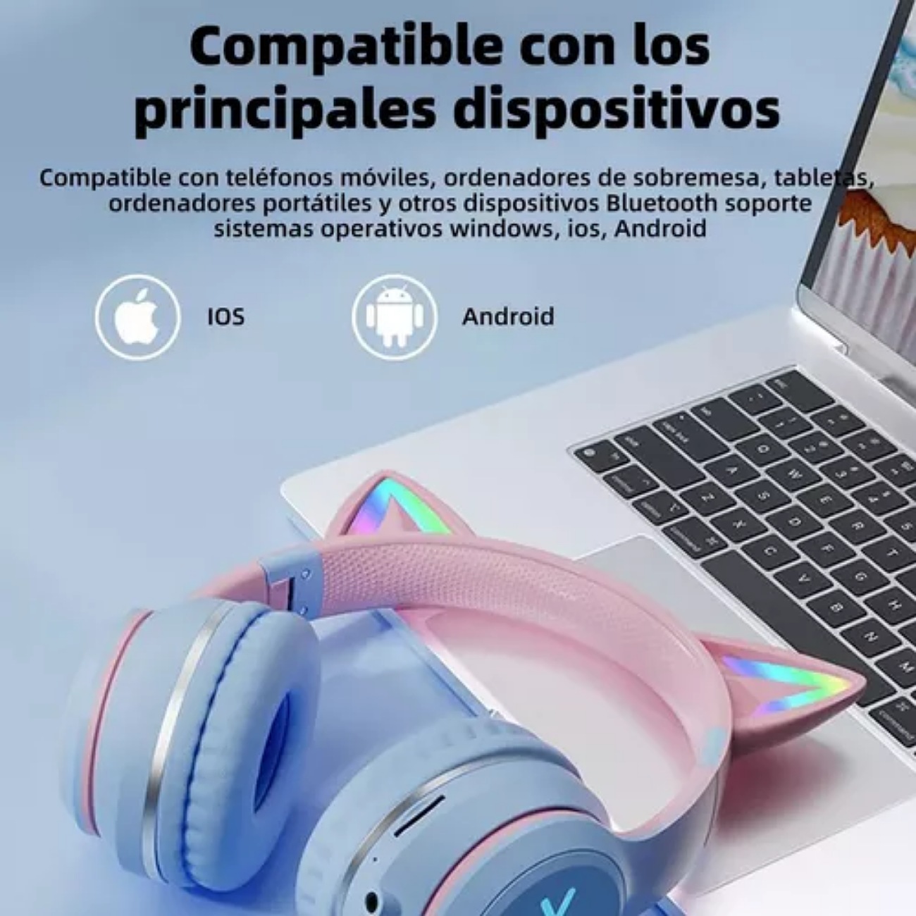 Audífonos Orejas De Gato Bt612 Bluetooth Led Diadema Ninos Color Azul