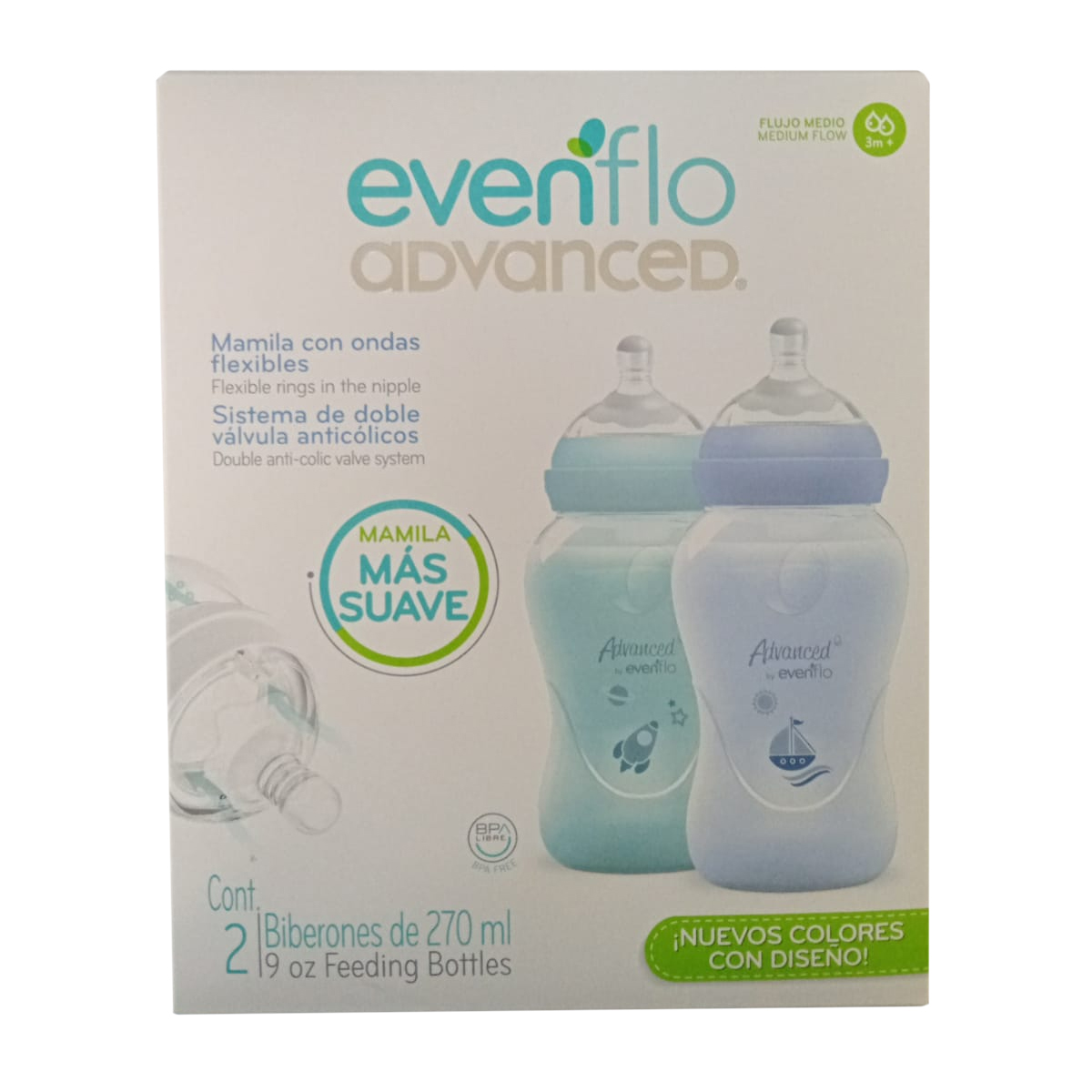Biberón Evenflo Advanced 9oz 2pz Azul Verde Space.