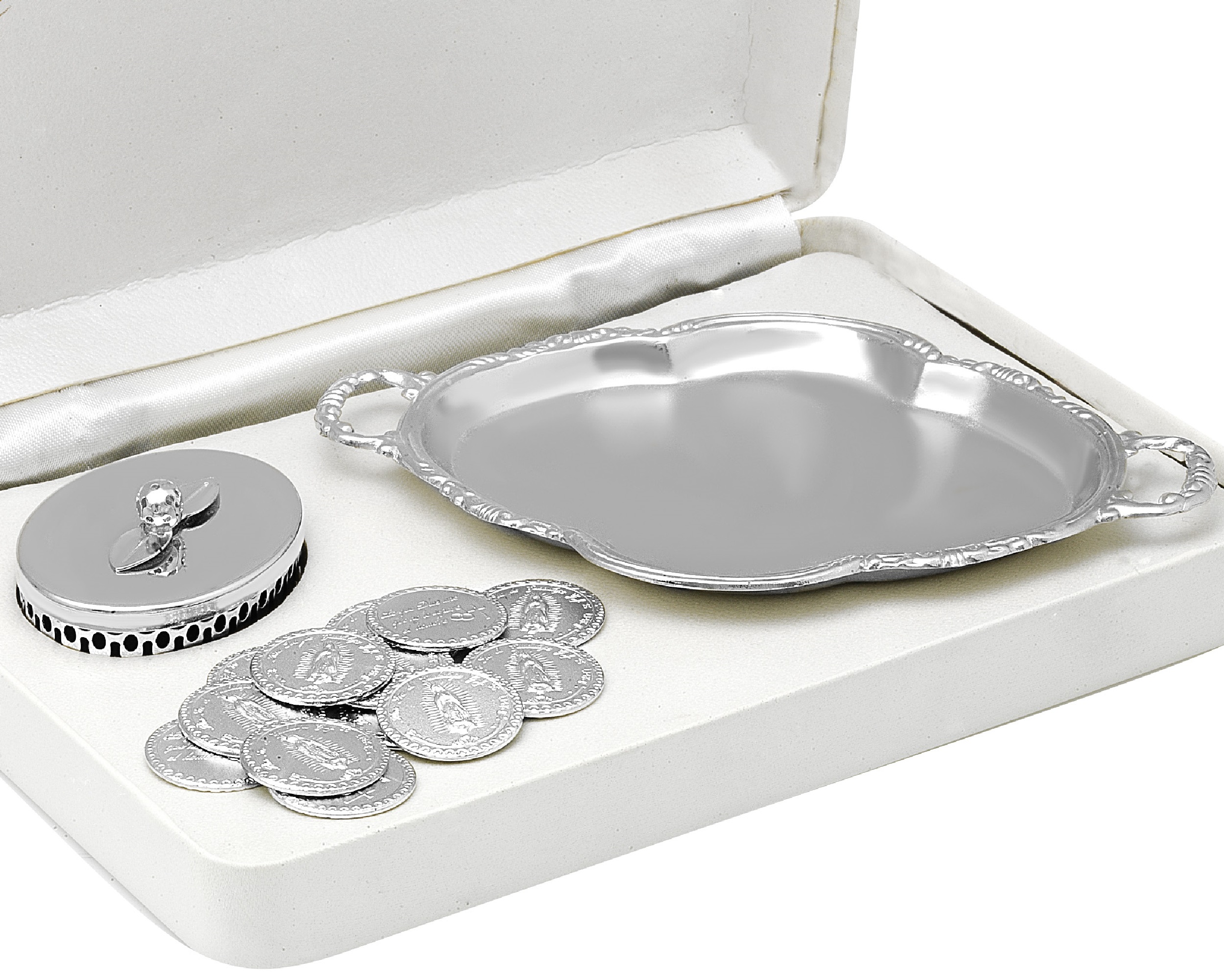 Arras Chapa de Oro Blanco 18K Vírgen Guadalupe con cofre y charola S414.
