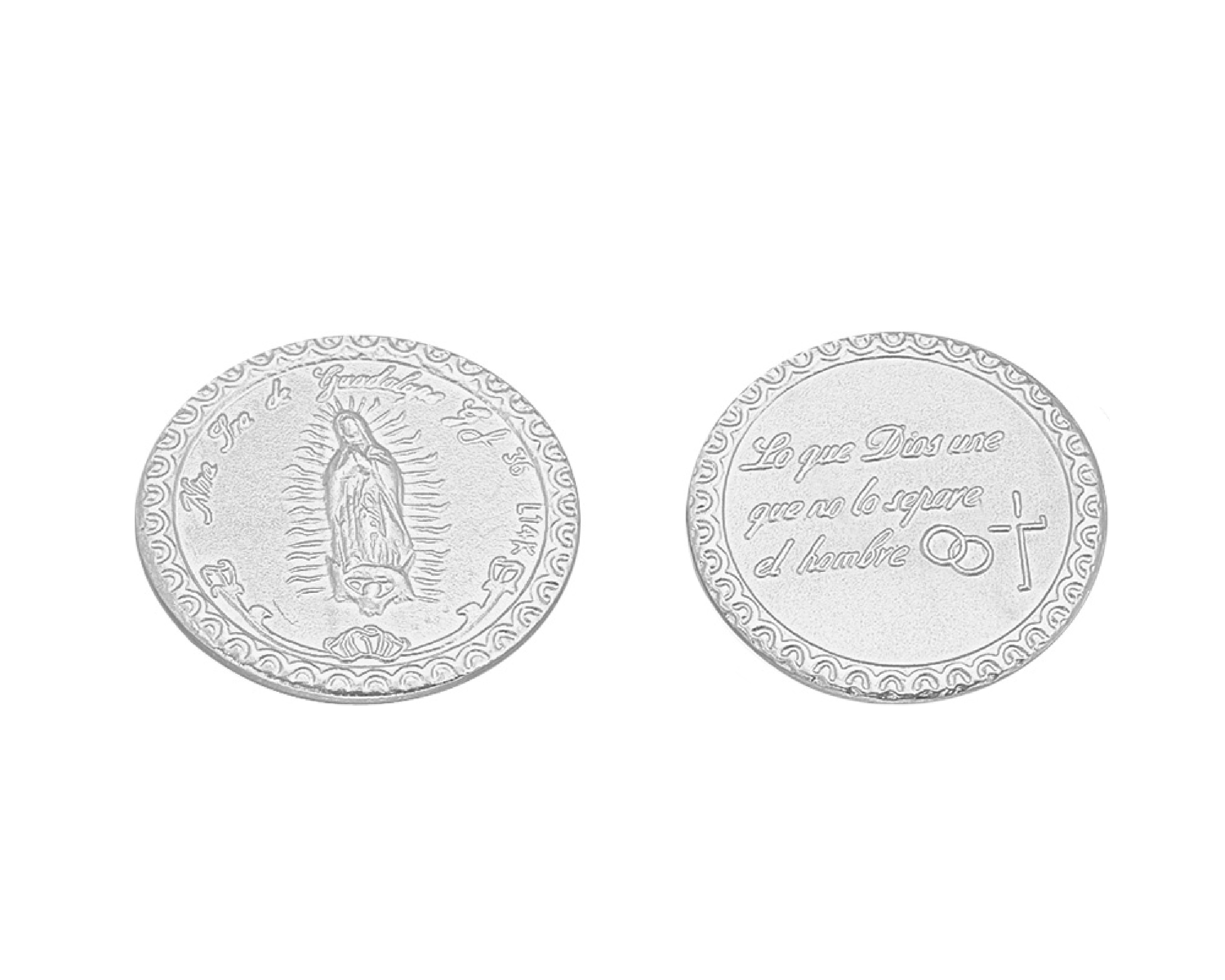 Arras Chapa de Oro Blanco 18K Vírgen Guadalupe con cofre y charola S414.