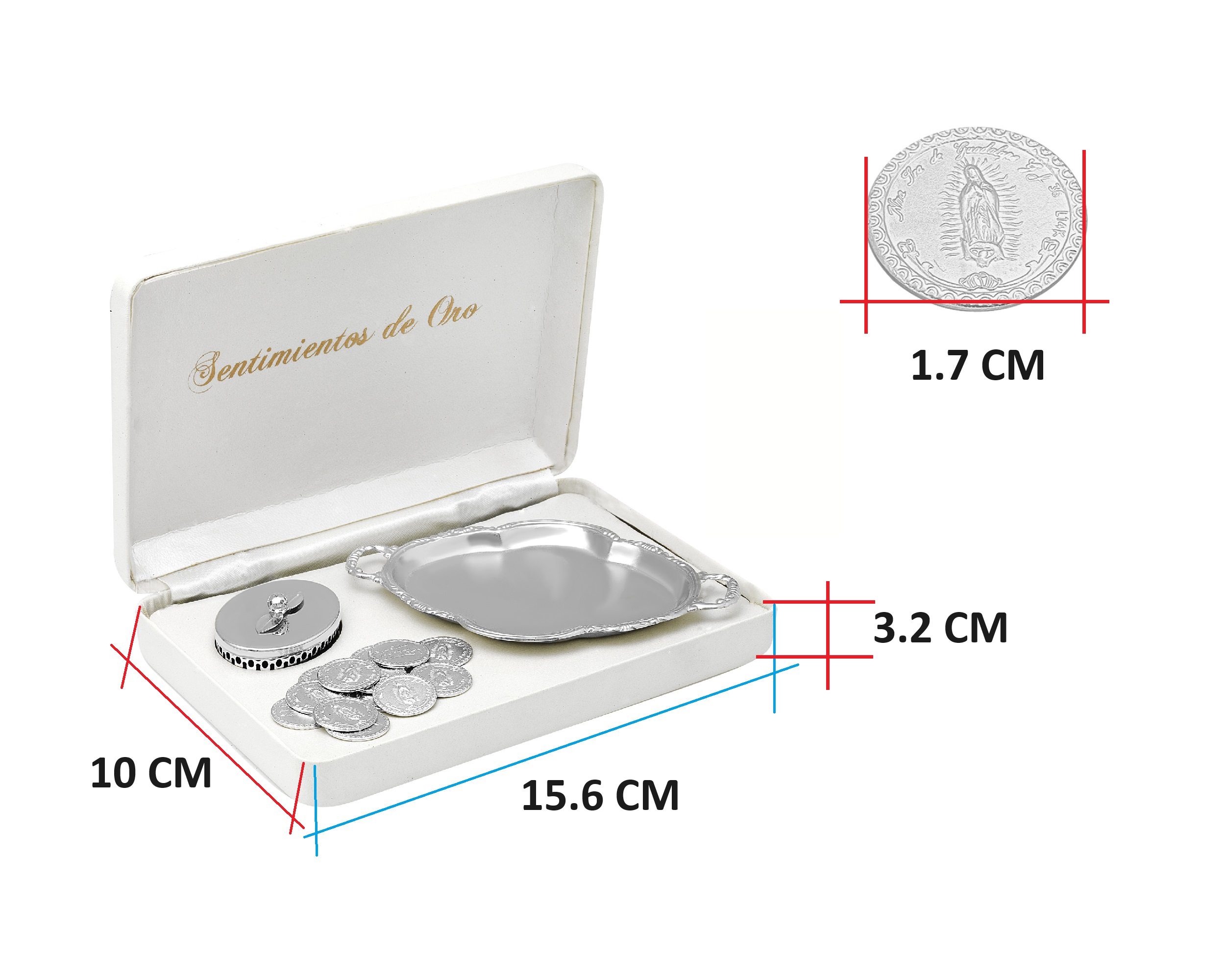 Arras Chapa de Oro Blanco 18K Vírgen Guadalupe con cofre y charola S414.