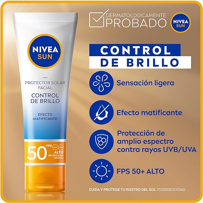 A NIVEA SUN Protector Solar Facial Control De Brillo (50 ml), con Efecto Matificante de Larga Duración, Bloqueador solar FPS 50+, no Grasoso para Todo Tipo de Piel.