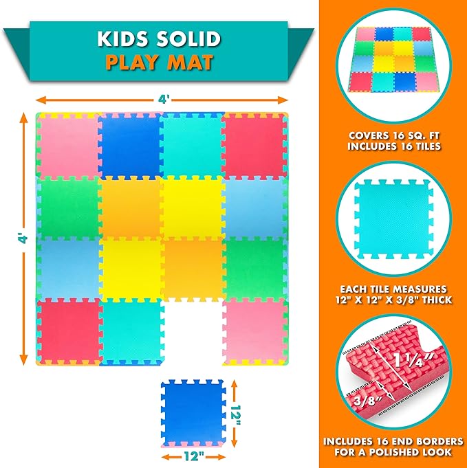 A Prosourcefit - Tapete de espuma para jugar con forma de rompecabezas para niños y bebés, con colores lisos, 36 o 16 baldosas entrelazadas con bordes, surtidas.