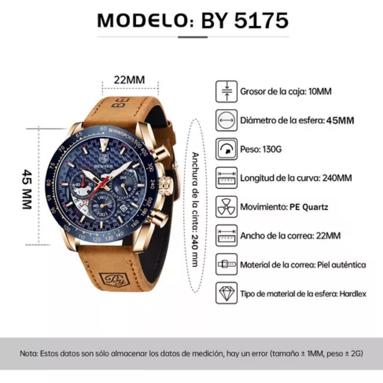 Reloj Benyar Hombre Reloj Cronógrafo Impermeable Cuarzo