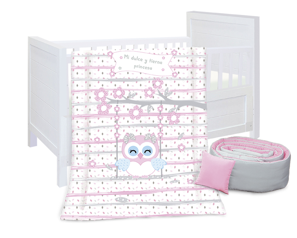 SET DE EDREDON PARA CAMA CUNA BUHO 4 PZAS