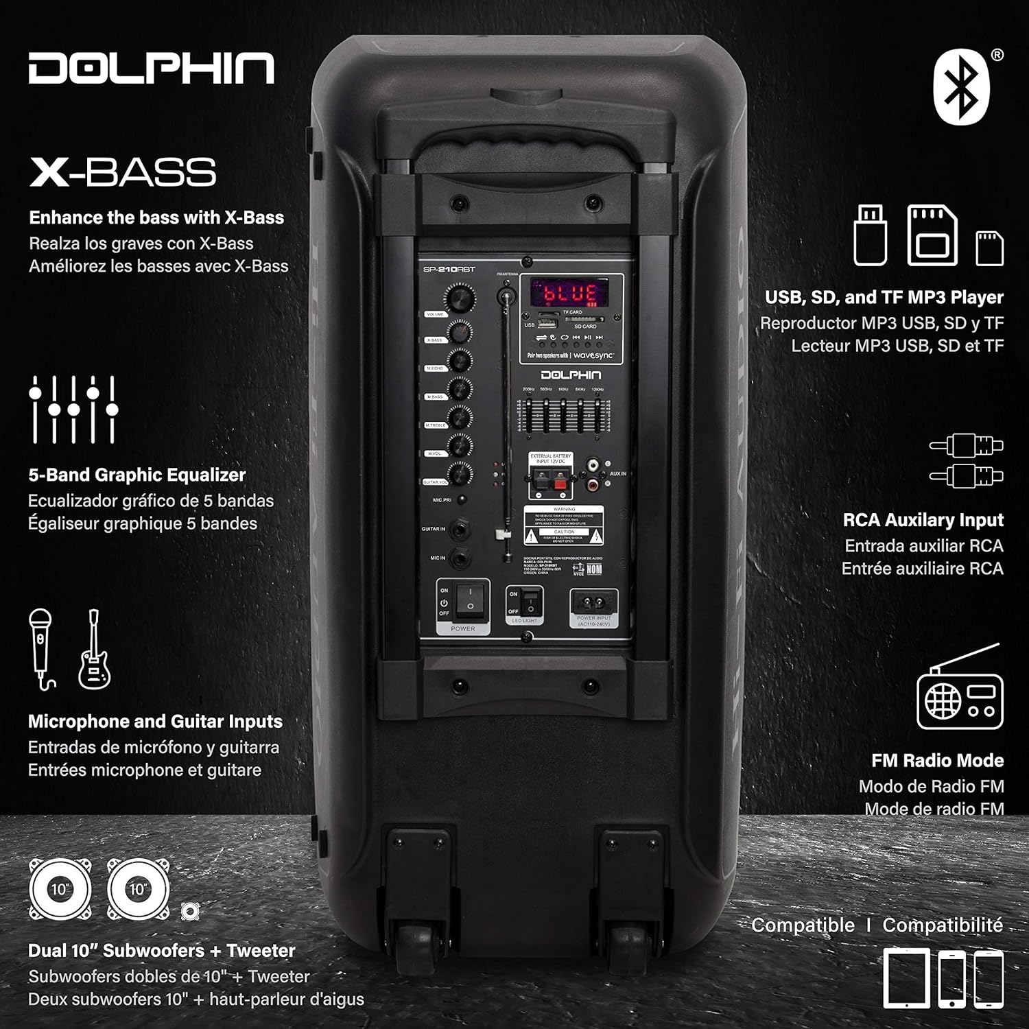 Bocina Bafle Recargable Dual 10" Bluetooth 3400w SP-210RBT Dolphin.