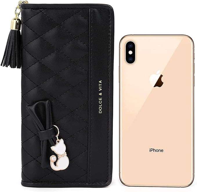 Cartera femenina monedero largo de piel de PU negr... – Grandado