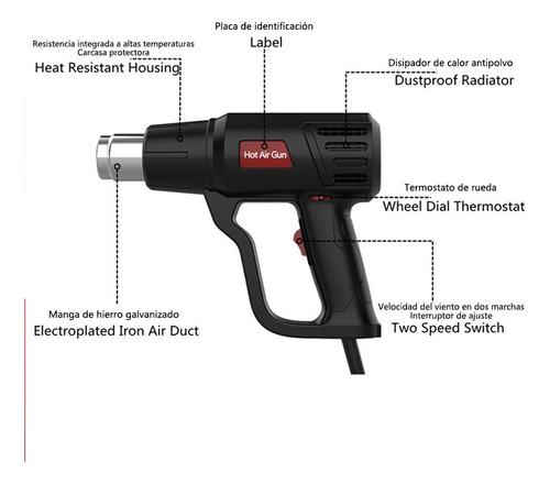 Pistola De Calor De 2000w Temperatura Regulable 6 Boquillas