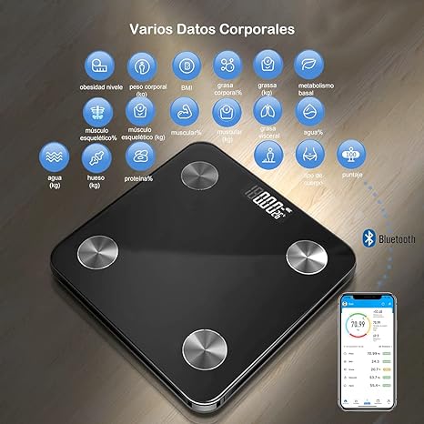 GGTT - Bascula Digital Corporal y Muscular, Balanza Inteligente, Conexión via Bluetooth al App, Pesos de Hasta 180 Kg, Precisión Hasta 0.01Kg, Soporta Recordar Datos de 8 Usuarios (Negro.