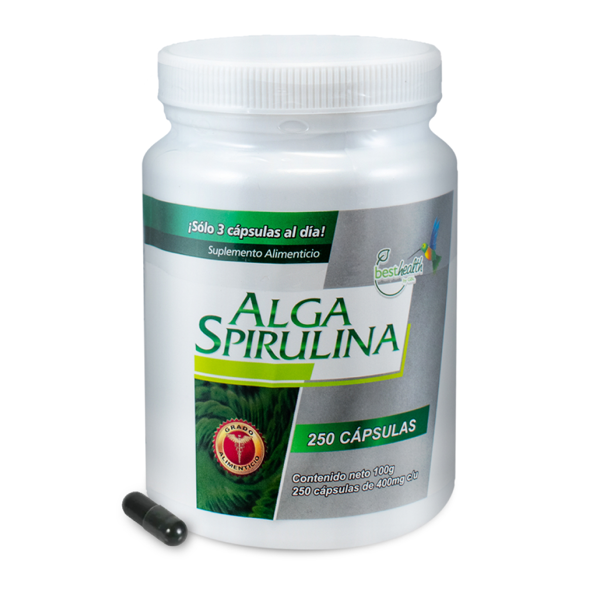 Alga Spirulina 250 Caps. BEST HEALTH. certificada pura, rica en Vitaminas, Minerales y Proteínas 