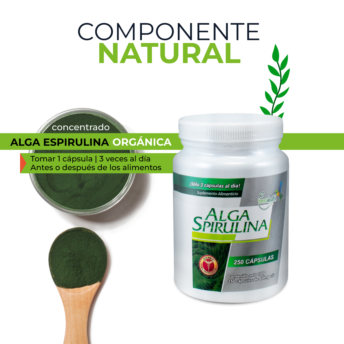 Alga Spirulina 250 Caps. BEST HEALTH. certificada pura, rica en Vitaminas, Minerales y Proteínas 