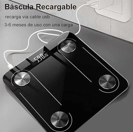 INGEQUIS Báscula Inteligente de Grasa Corporal, Balanza Digital Recargable USB para Detectar Datos de Salud, Medición Precisa con Vidrio Fino y Elegante, Transmisión via Bluetooth en APP Celular.