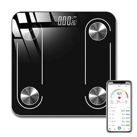 INGEQUIS Báscula Inteligente de Grasa Corporal, Balanza Digital Recargable USB para Detectar Datos de Salud, Medición Precisa con Vidrio Fino y Elegante, Transmisión via Bluetooth en APP Celular.