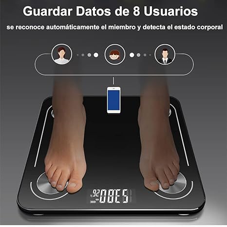 INGEQUIS Báscula Inteligente de Grasa Corporal, Balanza Digital Recargable USB para Detectar Datos de Salud, Medición Precisa con Vidrio Fino y Elegante, Transmisión via Bluetooth en APP Celular.