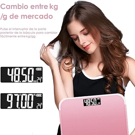 bascula digital corporal Grasa corporal Báscula de baño de peso digital con tecnología de paso, báscula de baño de cuerpo de precisión, pantalla LED retroiluminada de vidrio templado de 6 mm fácil de leer (rosado).